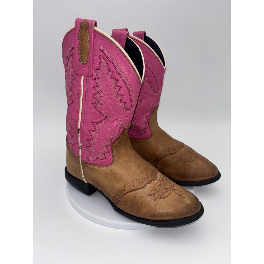 OLD WEST Pink Cowboy Boots‎ Girl Cowgirl Western Leather Kids Round Toe 13.5